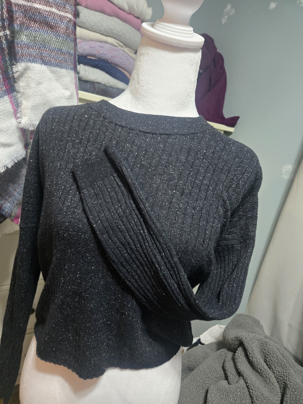 Madewell Dark Grey Ribbed Crewneck Cropped Sweater - Picture 2 of 4